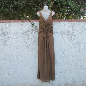 Tadashi  pleated bodice tan silk evening dress 14